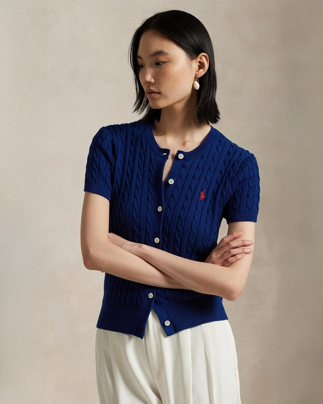 Kurzarm-Cardigan aus Baumwolle im Zopfstrick