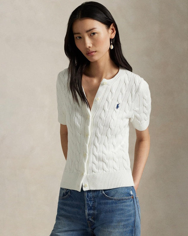 Kurzarm-Cardigan aus Baumwolle im Zopfstrick